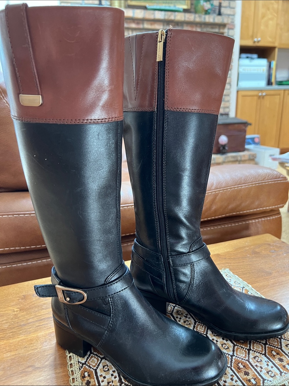EUC Bandolino Two-Tone Black and Brown Leather Women's Riding Boots size 6.5